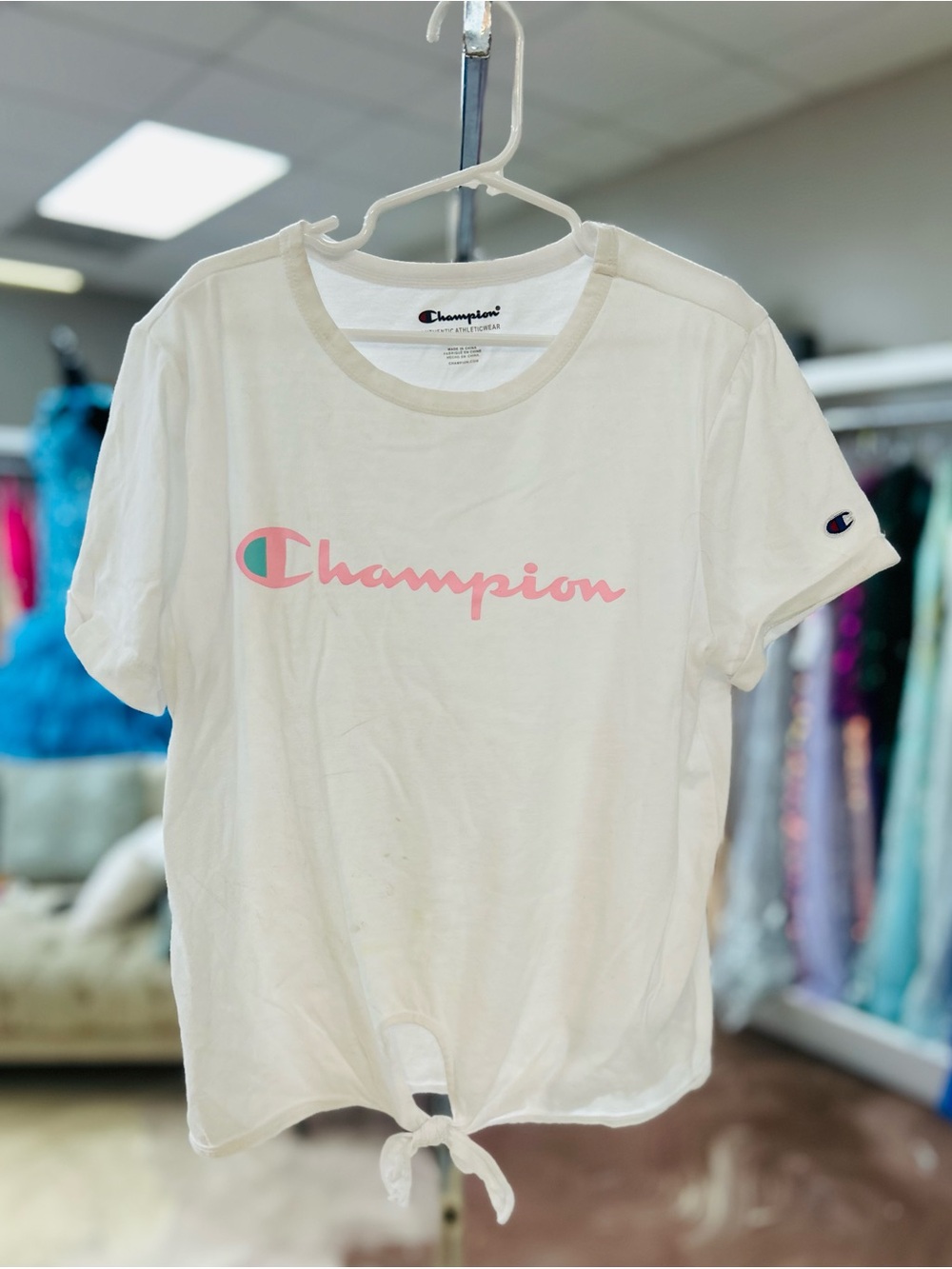 Champion White Short-Sleeve Tee with Pink Logo and Tie-Hem